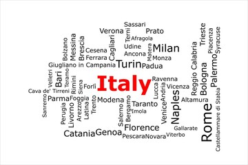 Tagcloud of the most populous cities in Italy. The title is red and all the cities are black on the white background. There are cities like Rome and Milan.