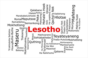 Tagcloud of the most populous cities in Lesotho. The title is red and all the cities are black on the white background. There are cities like Maseru and Hlotse.