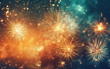 Fototapeta premium Fireworks at New Year, Sparklers and bokeh lights on sky, Banner design, Copy space for text (Generative AI)