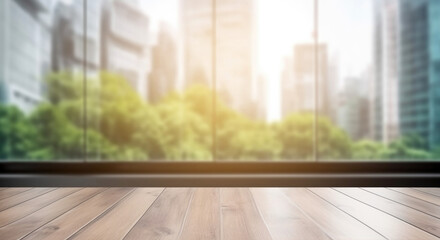 Obraz na płótnie Canvas Wooden table top on blur window glass with city view, product display concept. (Generative AI)