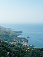 View from the mountain to the resort towns near the island of Sveti Stefan. Montenegro