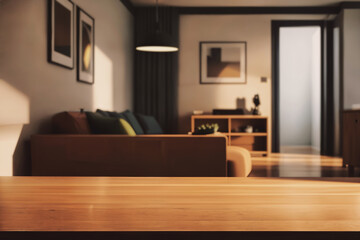 Table top with Blurred sofa Home interior decoration