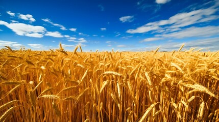 Field of Ripe Wheat against the Blue Sky. Generative ai
