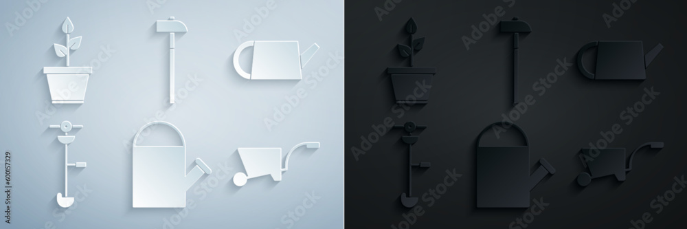 Sticker set watering can, grass and weed electric string trimmer, wheelbarrow, hammer and plant pot icon. ve