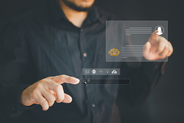 Businessman using smart phone and touching on virtual screen contact menu email. Contact us or Customer support hotline people connect. ai chat.

