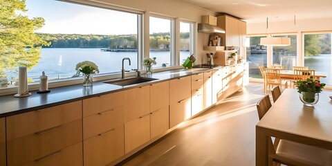 A Kitchen Made for Entertaining: A Large System Kitchen with Custom Cabinetry and a Scenic Lake View, Generative AI