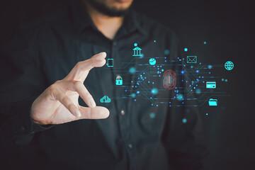 Cyber security network. Data protection concept. Businessman using laptop computer with digital padlock on internet technology networking with cloud computing and data management, cybersecurity
