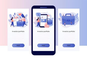 Investment portfolio. Tiny people planning invest strategy, savings and budgets. Diversified assets. Financial management. Screen template for mobile, smartphone app. Modern flat cartoon style. Vector