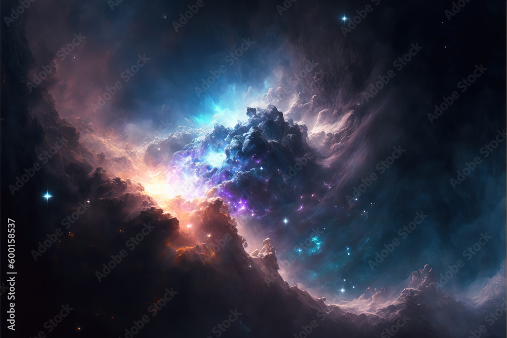 Wall mural glowing nebula with stars. fantasy galaxy generative ai background