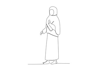 A woman is performing the pilgrimage. Hajj pilgrims one-line drawing
