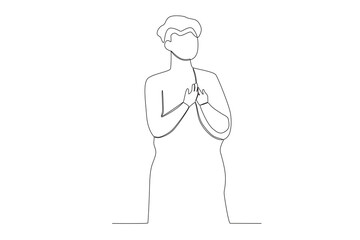 A pilgrim with curly hair is praying. Hajj pilgrims one-line drawing