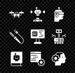 Set Drone, Disassembled robot, Smart glasses, User manual, Computer api interface, Humanoid, Soldering iron and Software icon. Vector