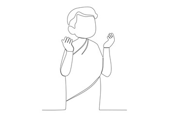 A boy is praying in Mecca. Hajj pilgrims one-line drawing