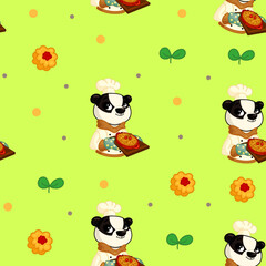 Vector seamless pattern with sweets, pastries and berries. Cakes and biscuits on coasters, cookies with crumbs, croissants, chocolate muffins hand drawn seamless background.