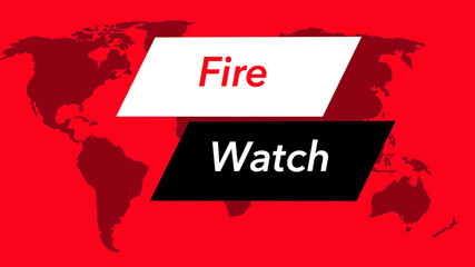 Fire Watch. A television weather banner or icon is seen with a map of the world showing the United States. Colors are red, black and white and is from a set of 40 similar images.