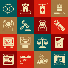 Set Internet piracy, Canister fuel, Police electric shocker, Money laundering, Judge gavel, Thief surrendering hands up, Handcuffs and mask icon. Vector