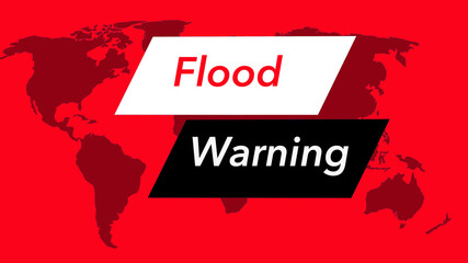 Flood Warning. A television weather banner or icon is seen with a map of the world showing the United States. Colors are red, black and white and is from a set of 40 similar images.