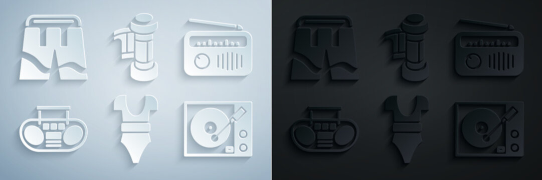 Set Swimsuit, Radio with antenna, Home stereo two speakers, Vinyl player, Camera roll cartridge and Short or pants icon. Vector
