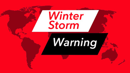Winter storm warning. A television weather banner or icon is seen with a map of the world showing the United States. Colors are red, black and white and is from a set of 40 similar images.
