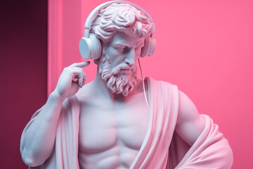 Ancient Greek sculpture of a man in headphones. - obrazy, fototapety, plakaty