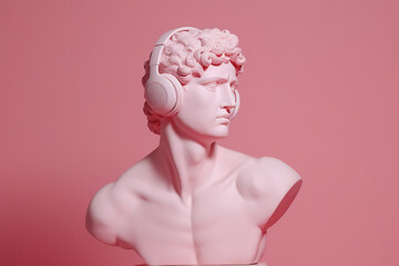 Ancient Roman bust of a man in headphones. AI generated image.