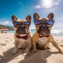 Fototapeta na wymiar French Bulldogs Taking Beach Selfies in Sunglasses - A Fun and Quirky Concept. Generative AI