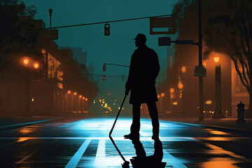 A silhouette of a man with a cane on the street at night. Generative AI