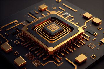 Central Processing Unit. A processor (microchip) interconnected receiving and sending information. Concept of technology and future. Generative AI