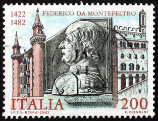 Postage stamp Italy 1982 Duke Federico da Montefeltro (1422-1482) Urbino palace and Gubbio Council House