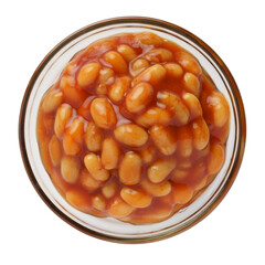 Baked beans in tomato sauce in a bowl, top view, closeup, isolated on white