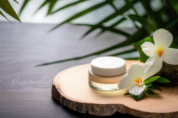 Obraz na płótnie Canvas spa skin care product on wooden table with flower on top