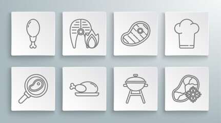 Set line Steak meat in frying pan, Grilled fish steak and fire flame, Roasted turkey or chicken, Barbecue grill, Fresh frozen, Chef hat and Chicken leg icon. Vector