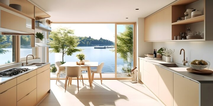 Cooking in Paradise: A Spacious Kitchen with Custom Cabinetry and a Tranquil Lake View to Inspire Your Culinary Creativity, Generative AI