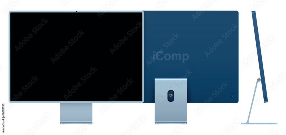Poster computer display blue color with black screen front, back and side view isolated on white background