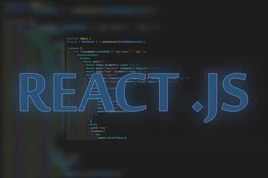 
React .js format on laptop and code background. Discover the programming language, computer courses, training.
