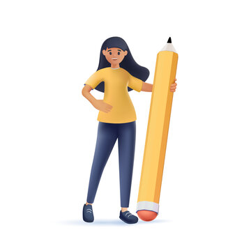 3D Black Business Woman character holds big pencil. 3D Confident african American female writer or content manager 3D