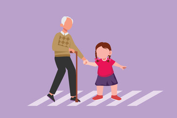 Character flat drawing polite cute little girl helping grandfather to cross street. Courteous kind kid taking old man across road, holding hand. Manners and respect. Cartoon design vector illustration