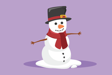 Graphic flat design drawing happy children make snowman together. Snowy forest, little boys and girls in warm clothes, New Year's snowman. Creativity in snow season. Cartoon style vector illustration