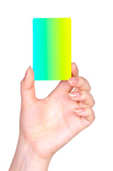 Female hand with a blank card isolated on white background.