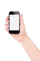 Hand holding mobile smart phone with blank screen. Isolated on white background.