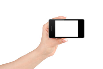 Hand holding mobile smart phone with blank screen. Isolated on white background.