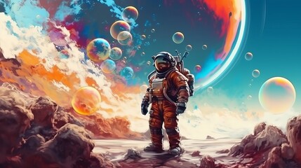 Naklejka premium A astronaut standing on the peak of a mountain on an alien planet created with Generative AI technology