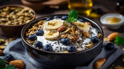 A healthy breakfast bowl with yogurt, granola, nuts, and blueberries created with Generative AI technology