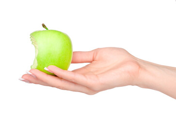 Woman's hand holding green apple  isolated on white background 