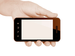Hand holding mobile smart phone with blank screen. Isolated on white background.