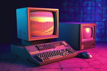 Old computer, pc, 80s and 90s, retro style, colorful background, digital illustration. Generative AI