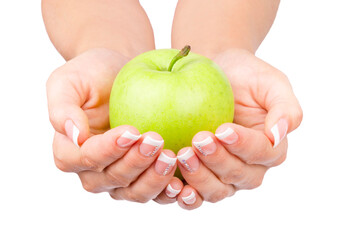 Woman's hand holding green apple  isolated on white background 