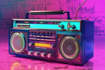 Fototapeta premium Old radio, 80s and 90s, retro style, colorful background, digital illustration. Generative AI