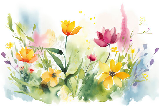 Watercolor illustrations of spring flowers. AI technology generated image