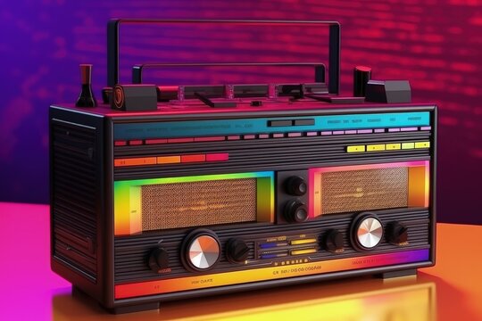 Old radio, 80s and 90s, retro style, colorful background, digital illustration. Generative AI